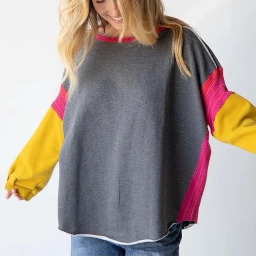 Natural Life Knit Trim Mixed Media‎ Raw Rolled Edge Sweatshirt Grey Large / XL